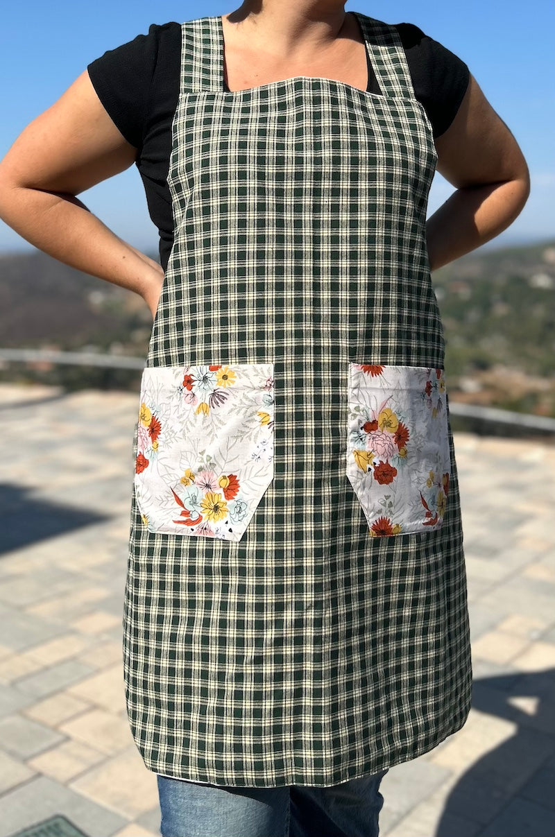 Flower Bouquet & Green Plaid Apron