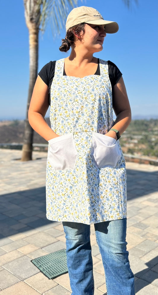 Dainty Blue & Yellow Flowers with X Pattern Apron